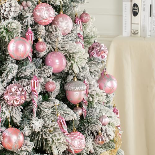 Pink Christmas Ornaments Set - 62 Shatterproof Plastic Baubles for Tree Decor