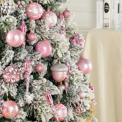 Pink Christmas Ornaments Set - 62 Shatterproof Plastic Baubles for Tree Decor