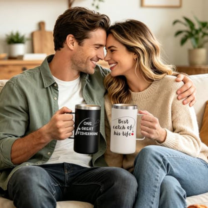 His and Hers 20oz Coffee Mug Set with Keychain & Card - Black & Cream, Couples Gift