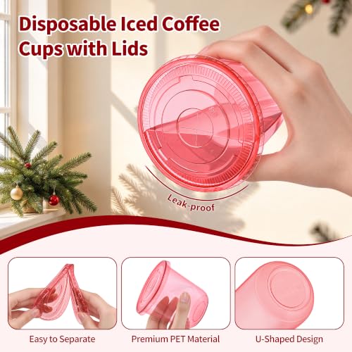 Red Disposable Party Cups with Lids & Straws 50 Pack - 12oz