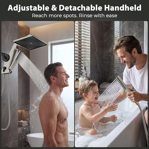 MakeFit Brushed Nickel Rain Shower Head with Handheld Filter Combo - High Pressure 12" Water Softener for Hard Water