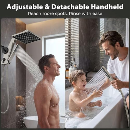 MakeFit Brushed Nickel Rain Shower Head with Handheld Filter Combo - High Pressure 12" Water Softener for Hard Water
