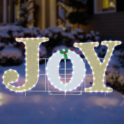 Lighted Christmas Joy Sign Decoration 3.8FT x 2FT Gold & White with Holly - LED Holiday Indoor Outdoor Decor