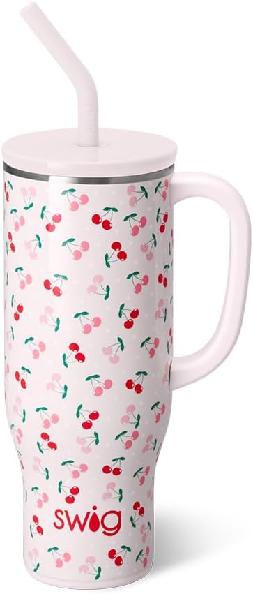 Swig Life 30oz Mega Mug - Extra Large Insulated Tumbler with Handle & Straw | Dishwasher Safe (Cherry Pie)