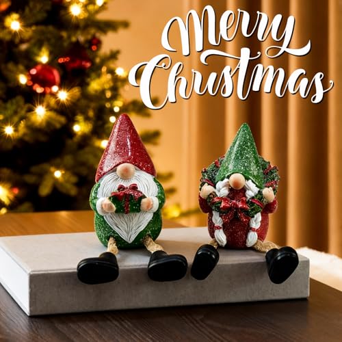 Christmas Gnome Santa Set of 2 - Nordic Holiday Elf Figurines with Dangling Legs