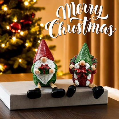 Christmas Gnome Santa Set of 2 - Nordic Holiday Elf Figurines with Dangling Legs