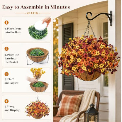 Fall Artificial Flower Baskets with Hanging Chains - 4-Color Autumn Decor Set