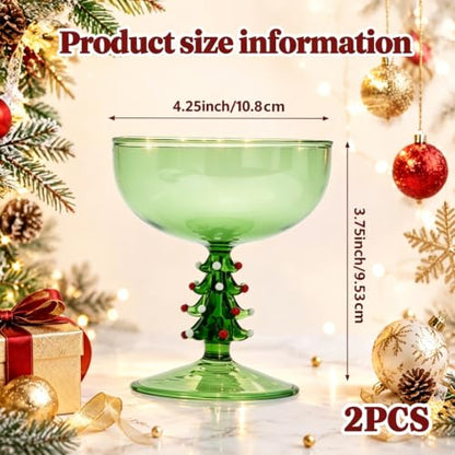 2 Pack Christmas Tree Coupe Glasses Hand Blown Cocktail Martini Glasses