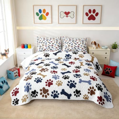 Navy Blue Brown Full Size Cartoon Paw Print Quilt Bedspread Set with Pillowcases