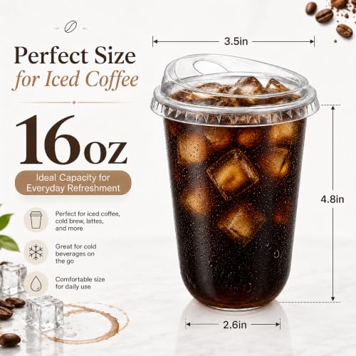 50 Pack 16 oz Clear Plastic Cups with Strawless Sip Lids for Cold Drinks