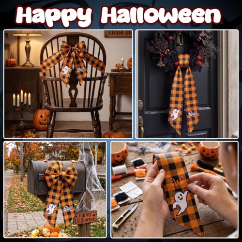 Halloween Wreath Sash for Wreath Orange Buffalo Plaid Ghost Decor Style2