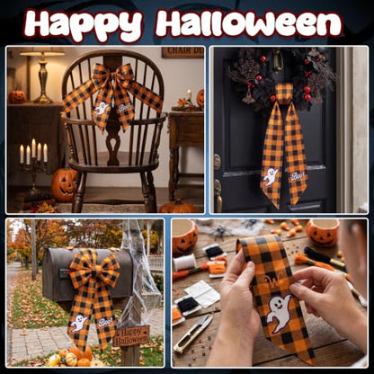 Halloween Wreath Sash for Wreath Orange Buffalo Plaid Ghost Decor Style2