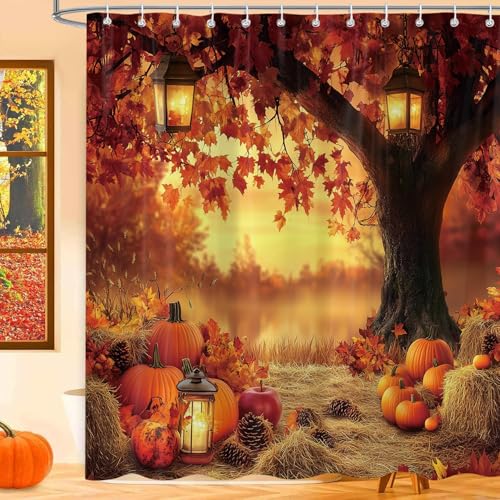 Fall Pumpkins and Maple Leaf Shower Curtain - Autumn Farmhouse Bathroom Decor, 72x72 Inch Waterproof Polyester with 12 Hooks