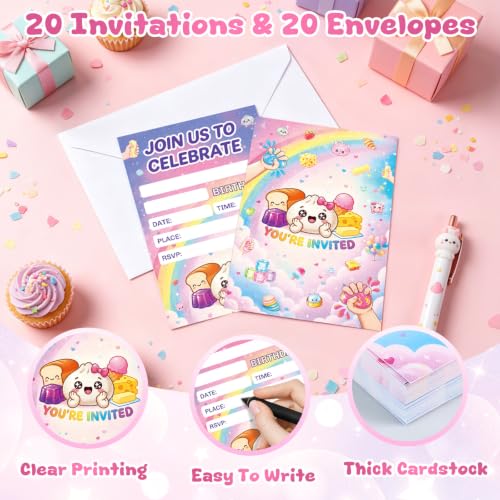 Pink 20Pcs Squishy Birthday Invitations with Envelopes - Dumpling & Food Theme