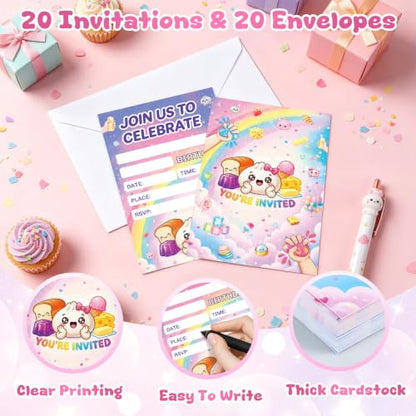 Pink 20Pcs Squishy Birthday Invitations with Envelopes - Dumpling & Food Theme