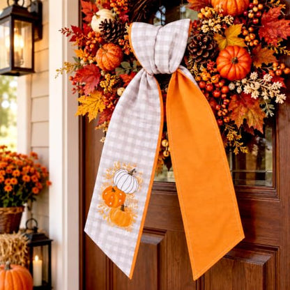 Fall Wreath Sash for Front Door - Gray White Plaid Pumpkin Decor