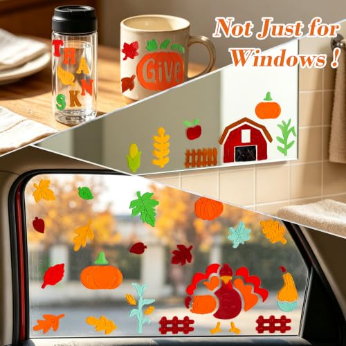 Thanksgiving Gel Window Clings Set - 4 Fall Holiday Decals - Reusable & Removable