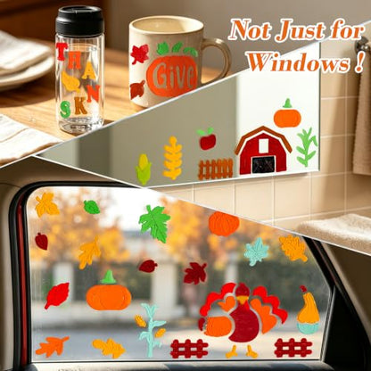 Thanksgiving Gel Window Clings Set - 4 Fall Holiday Decals - Reusable & Removable