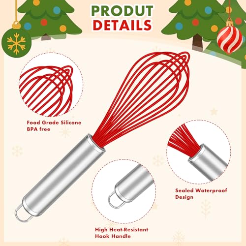 Christmas Red Silicone Whisk Gift Set - 8 Pack 10 Inch Kitchen Utensils with Greeting Cards & Ribbons
