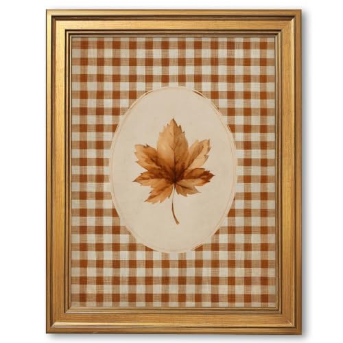 8x10 Inch Autumn Leaf Canvas Wall Art Print - Rustic Gingham Fall Botanical Cozy Decor