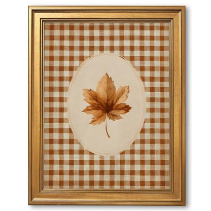 8x10 Inch Autumn Leaf Canvas Wall Art Print - Rustic Gingham Fall Botanical Cozy Decor