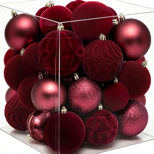 Red Velvet Christmas Ball Ornaments - 40Pcs Shatterproof Holiday Decorations - Medium, 3 Sizes, 7 Styles
