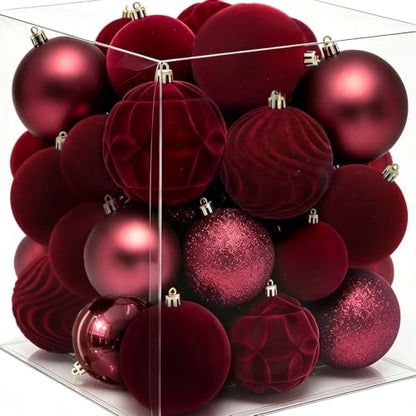 Red Velvet Christmas Ball Ornaments - 40Pcs Shatterproof Holiday Decorations - Medium, 3 Sizes, 7 Styles