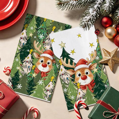 Green Christmas Kitchen Towels Deer Design 18x28 Inches - Holiday Dish Towels
