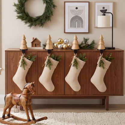 Natural Wooden Christmas Stocking Holder Set - 4 Pack, Mantle Decor