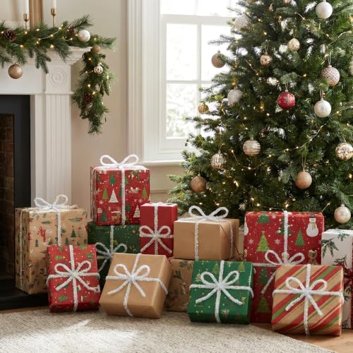 53Ft Iridescent Christmas Tinsel Ribbon Set - Metallic Wire Garland, 4 Pcs