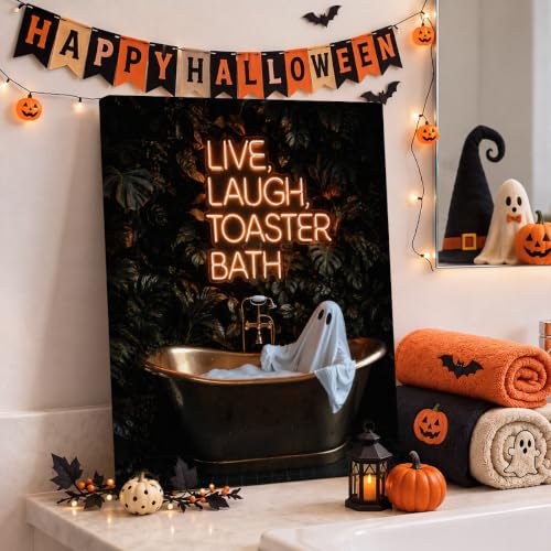 Ghost Bubble Bath Neon Sign Scene - 8x10 Inch Halloween Canvas Wall Art - Spooky Bathroom Decor