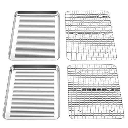 TeamFar Baking Sheet and Cooling Rack Set, 16 x 12 x 1 inch Stainless Steel Baking Pan Cookie Sheet with Grid Rack for Kitchen Cooking Roasting, Healthy & Non-toxic, Dishwasher Safe (2 Pans+2 Racks)