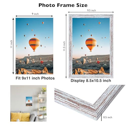 JCJMY 9x11 Picture Frame Rustic White for Wall Hanging or Tabletop, Wall Mounting Horizontally or Vertically, 9 x 11 Wall Gallery Poster Photo Frame with Shatter Resistant Plexiglass, Rustic White