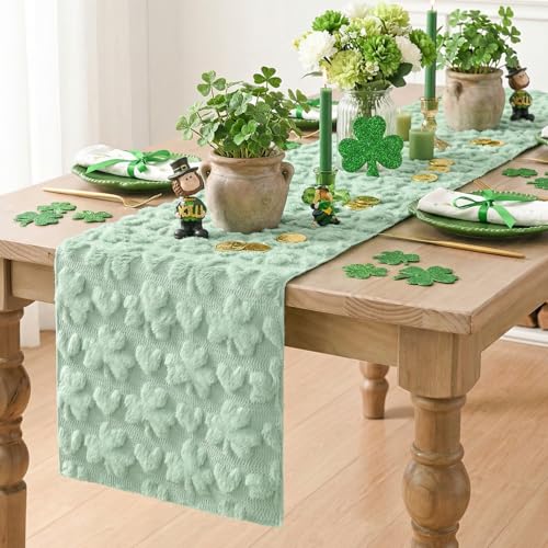 Sage Green Faux Fur Heart Clover Table Runner 13x90 Inch Seasonal Home Decor