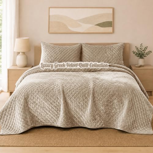 Beige Velvet Cal King Quilt Set 106x118 with 2 Pillow Shams - Fluffy Slumbers