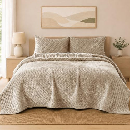 Beige Velvet Cal King Quilt Set 106x118 with 2 Pillow Shams - Fluffy Slumbers