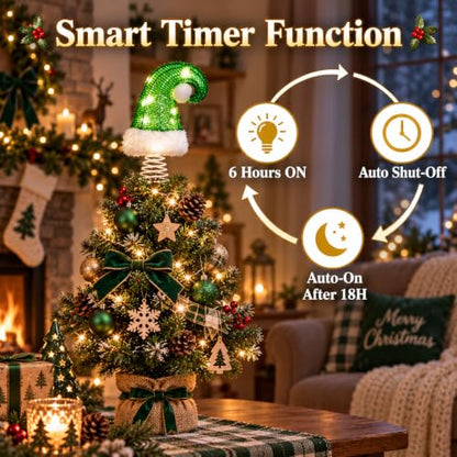Christmas Tree Topper - 6 Inch Green Santa Hat for Holiday Decor - Timer & Battery Operated