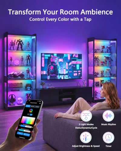 67-Inch Black Display Case with Glass Shelves, RGB Lighting & Motion Sensor