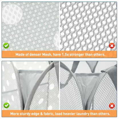Gray Collapsible Mesh Laundry Basket 75L with Dot Print & Side Pocket