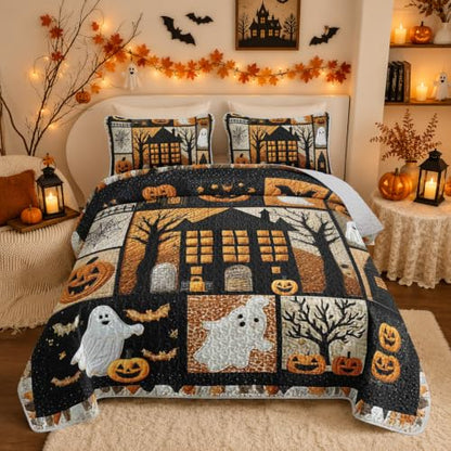 HOSIMA Kids Halloween Bedspread King Patchwork Quilt with 2 Pillowcases - Orange-Black