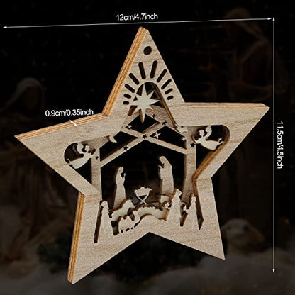 Christmas Nativity Scene Wooden Ornaments Set - Star Shaped, 12 Pieces