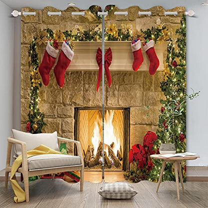 Christmas Kitchen Curtains 2 Panels Blackout Fireplace Red Stocking Decor 53x72 Inch