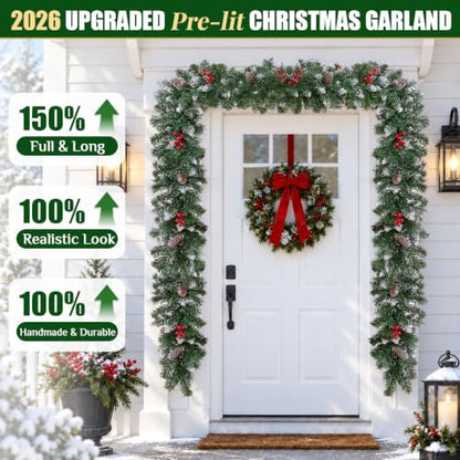 9FT Pre-Lit Christmas Garland with Lights, Realistic Greenery & Red Berries - 1 Pcs