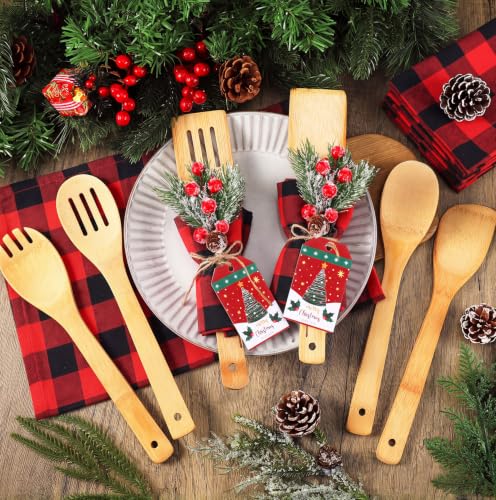Christmas Bamboo Spatula Set with 24 Utensils & Festive Accessories - Classic Shape, Red & Black