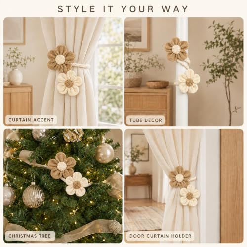 Boho Flower Curtain Tiebacks - Flexible Wire Drapery Holdbacks, No Drill Mounting - Set of 4