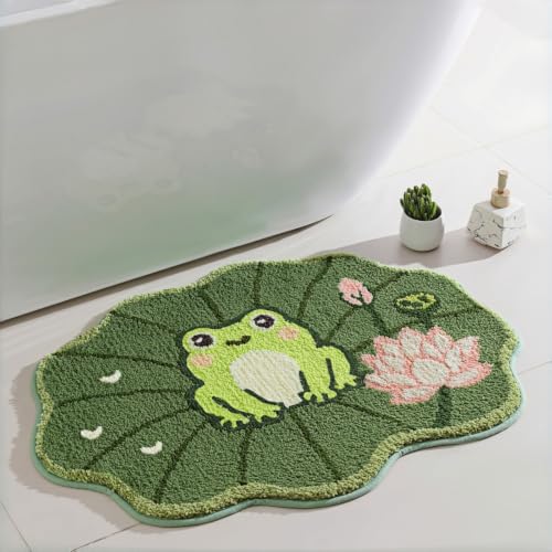 Frog Bath Mat 24x32 Inch, Cute Lotus Leaf Bathroom Rug, Green, Non Slip