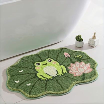 Frog Bath Mat 24x32 Inch, Cute Lotus Leaf Bathroom Rug, Green, Non Slip