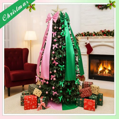 Pink and Green Christmas Tree Decorations Set with Skirt, Bows & Ornaments