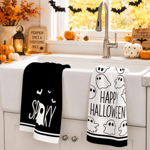 Halloween Kitchen Towels Set with Ghost Prints - 4 Pack, 18 x 26 in, Black & White