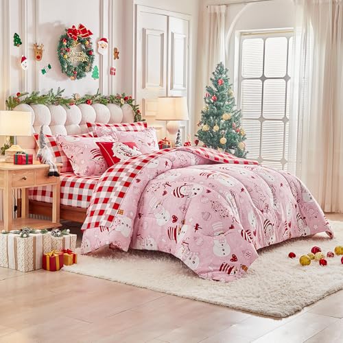 Pink Snowman Christmas Comforter Sheet Set King - 7 Pieces Holiday Bedding